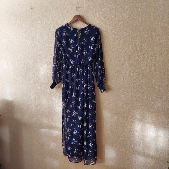 Lush Blue Floral Maxi Dress With Slit Sheer Sleeves Sz Small - Picture 2 of 11